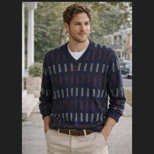 Countess Mara Wool Sweater XL Navy Red White Geometric V Neck Vintage Golf